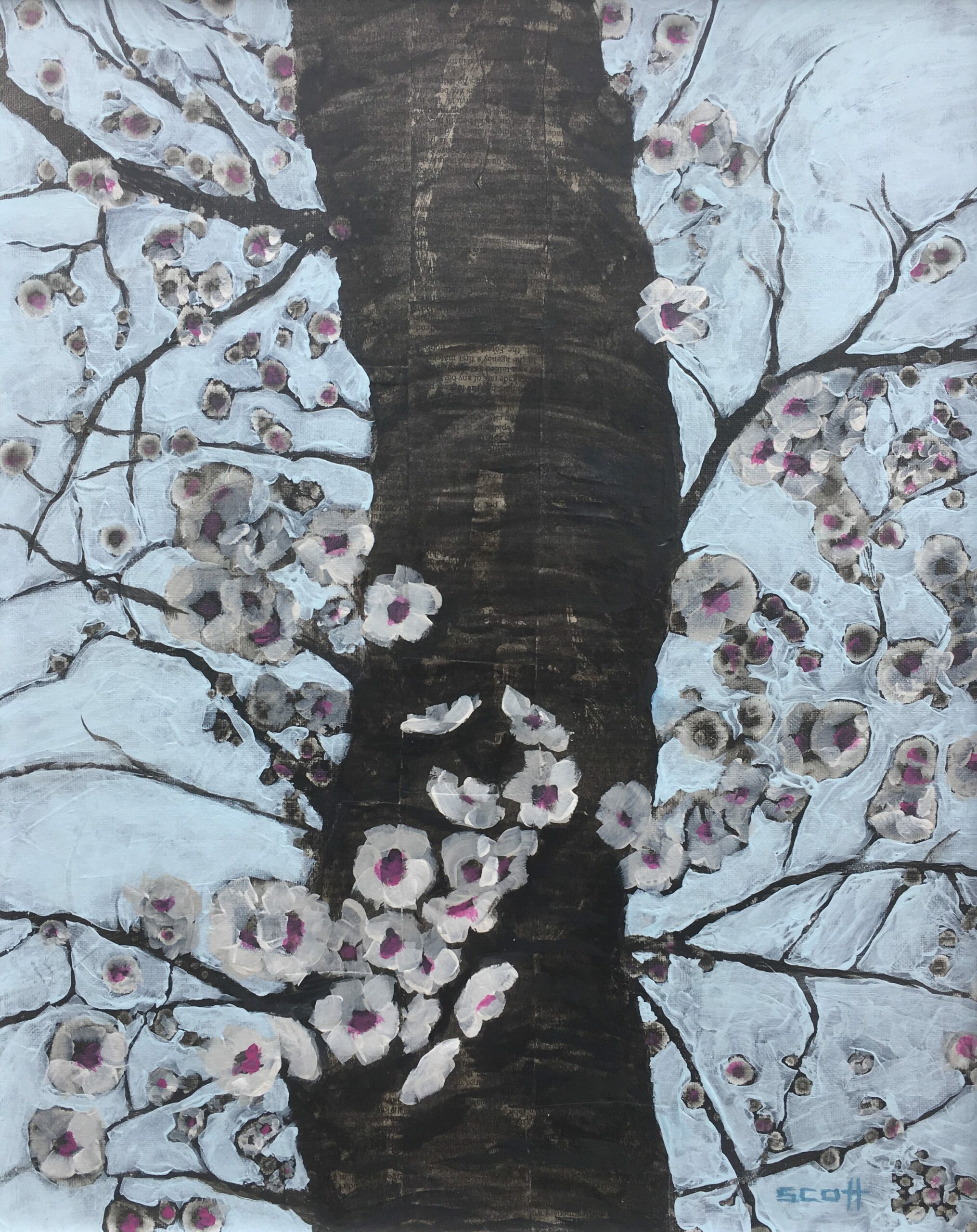 A painting of the trunk of a cherry tree