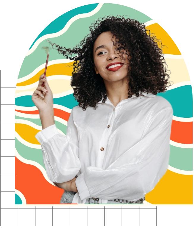 Young woman smiling twirling paint brush in her hair with a cool wavy rainbow design element as its background