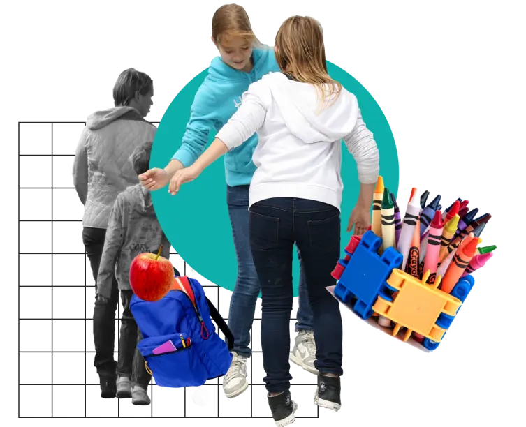 Creative collage with kids, backpacks, and crayons