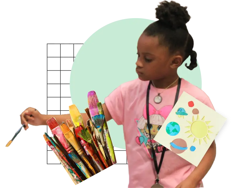 Creative collage with young girl holding paintbrush, a bunch of paintbrushes, and a drawing