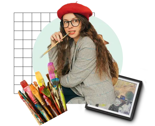 Young woman in red hat and glasses biting on paint brush while looking to the side