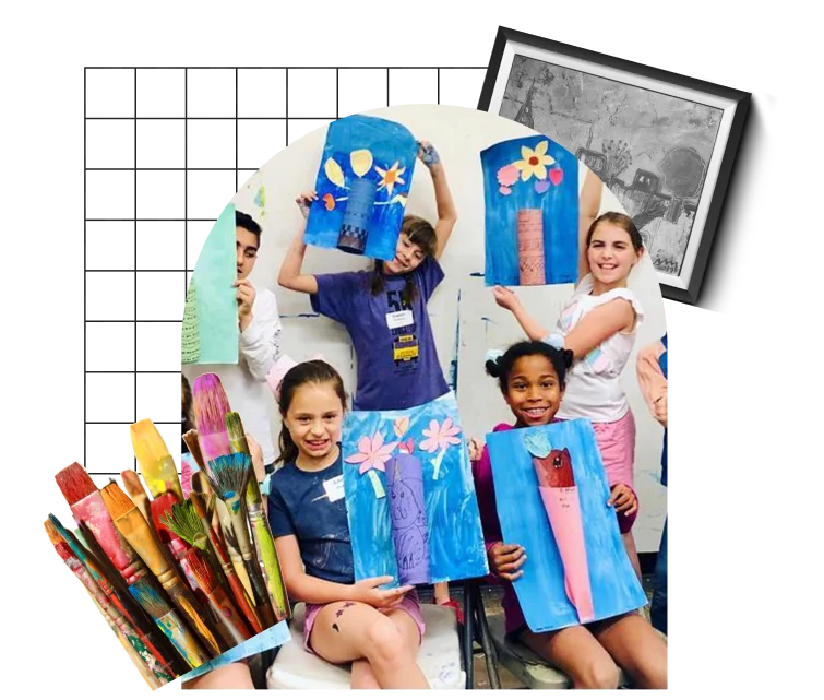 5 young students holding their paintings while smiling