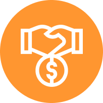 Orange icon of two hands shaking with dollar sign