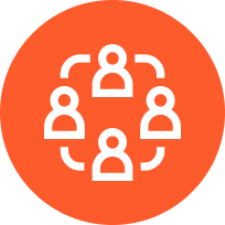 Orange icon with four people, connected by lines