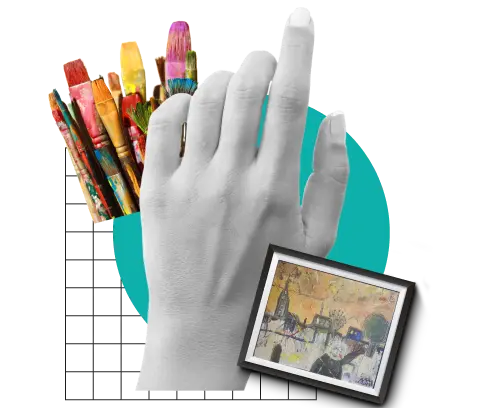 Artistic collage with painting, hand, teal circle, grid, and paint brushes