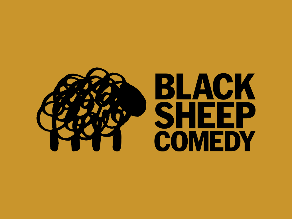 Logo with a black sheep drawn in scribbled lines next to bold black text reading BLACK SHEEP COMEDY on a mustard yellow background.
