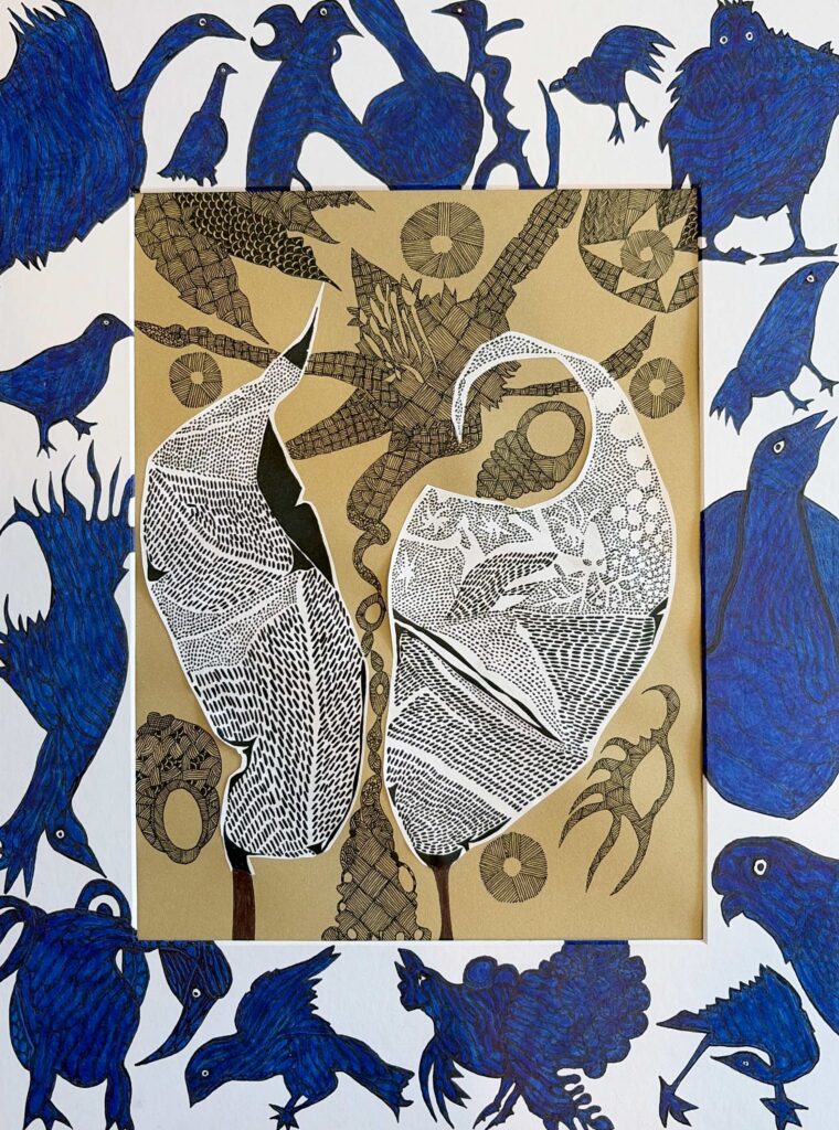 A collage with two intricately patterned white leaves in the center, surrounded by gold and black botanical designs, bordered by vivid blue, hand-drawn birds in various poses against a white background.
