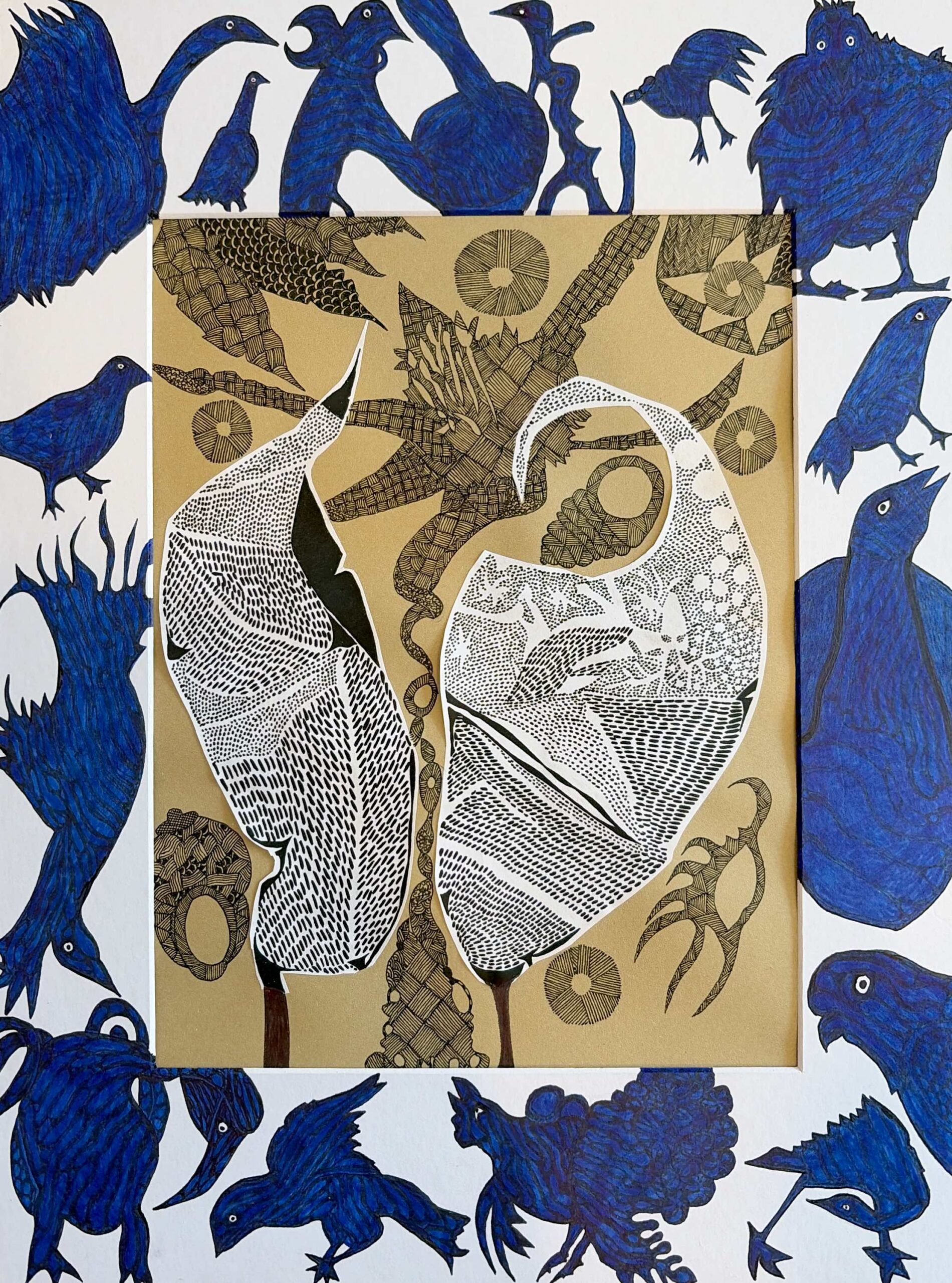 A collage with two intricately patterned white leaves in the center, surrounded by gold and black botanical designs, bordered by vivid blue, hand-drawn birds in various poses against a white background.