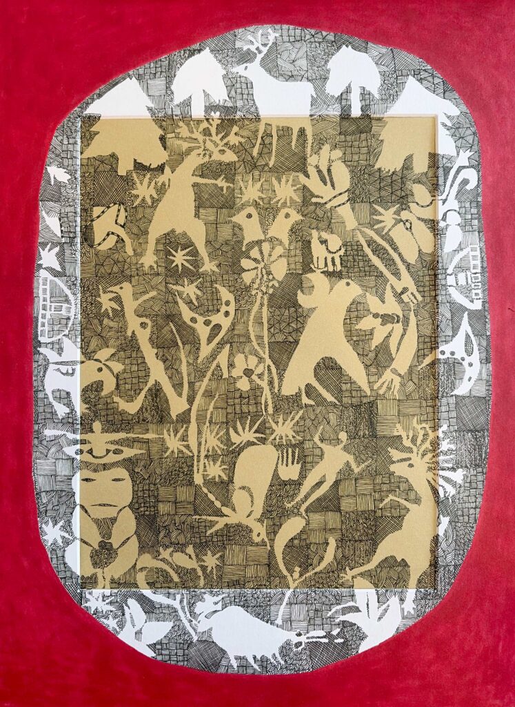 Abstract art featuring animal silhouettes and organic shapes layered over a textured background. The center is golden-brown with intricate patterns, surrounded by white animal shapes and a bold red border.