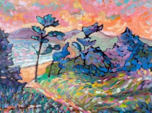 Colorful impressionist painting of a coastal landscape at sunset, featuring blue and purple trees, green grassy hills, and an orange-pink sky above waves on the shoreline in the background.