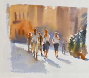 Watercolor painting of people walking down a sunlit street, with long shadows cast behind them. Warm tones dominate the scene, and trees and buildings blur softly in the background.