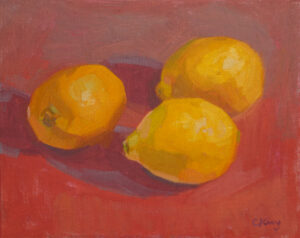 Three yellow lemons are arranged on a red surface with visible brushstrokes, casting purple shadows. The painting has a textured, impressionistic style and is signed C King in the bottom right corner.