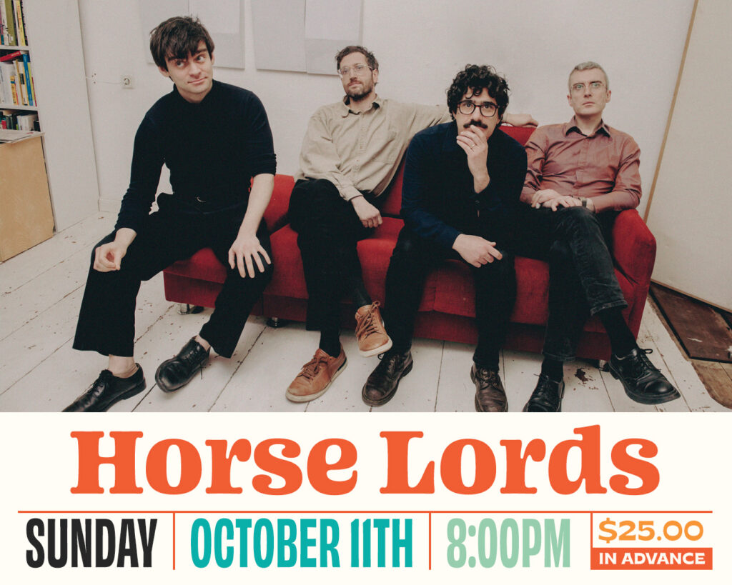 Four men sit on a red couch in a minimalist room, looking at the camera. Text below announces a Horse Lords concert on Sunday, October 11th at 8:00 PM, with tickets $25 in advance.
