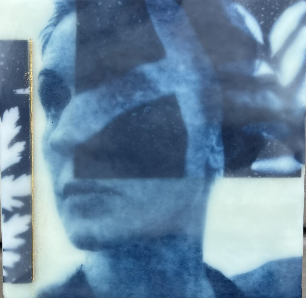 A blue-toned, abstract portrait of a woman’s face, partially obscured by geometric shapes and overlapping textures, alongside leaf and floral patterns. The overall effect is layered and dreamy.
