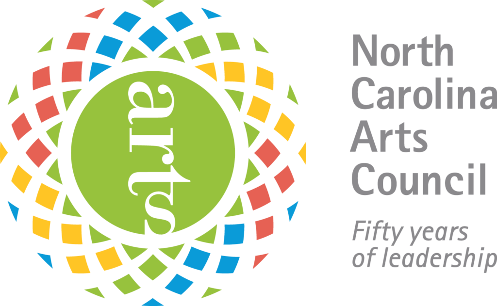 Colorful geometric pattern with a green circle in the center containing the word arts upside down. To the right, text reads: North Carolina Arts Council. Fifty years of leadership.