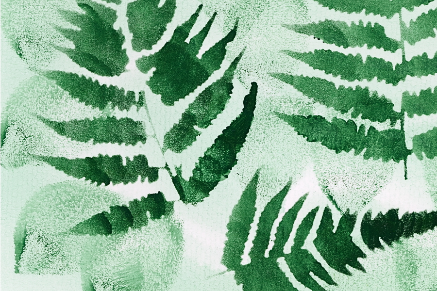 Watercolor painting of overlapping green fern leaves on a light background.