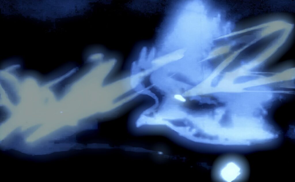 Abstract blue and white light streaks on a dark background, resembling motion or energy in a night scene.