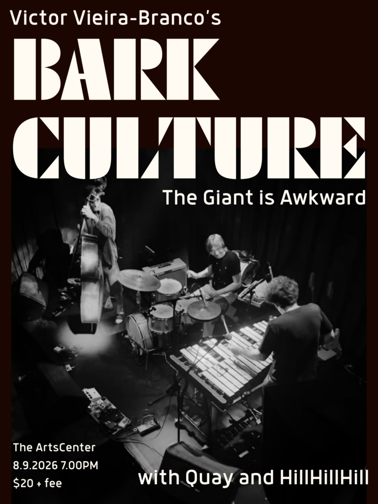 Black and white poster for a Bark Culture concert, featuring three musicians playing instruments on stage.