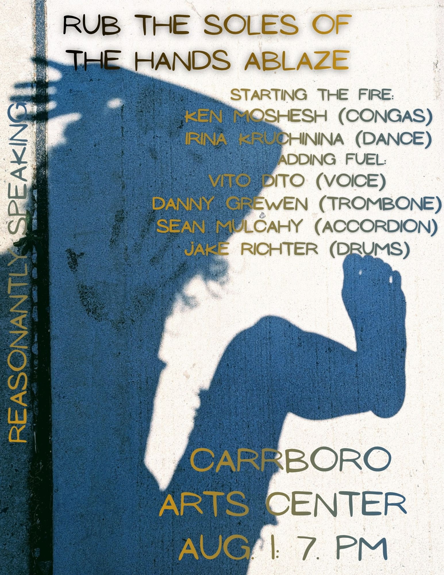 Poster with band info, event details, and a blue-tinted photo of a dancer’s shadow striking a dramatic pose against a textured wall.