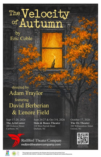 A person sits by a window in a dark building with glowing orange autumn trees outside. Text advertises The Velocity of Autumn play.