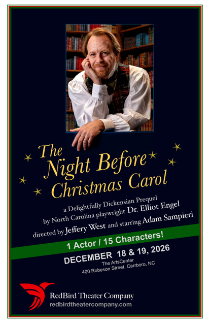 A man in period costume poses on a poster for The Night Before Christmas Carol at RedBird Theater, December 18 & 19, 2026.