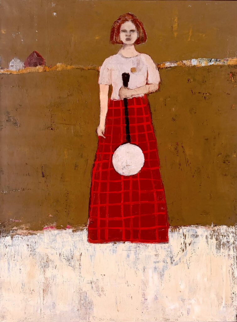 Painting of a woman with a red plaid skirt holding a banjo, standing on a textured white and brown background.
