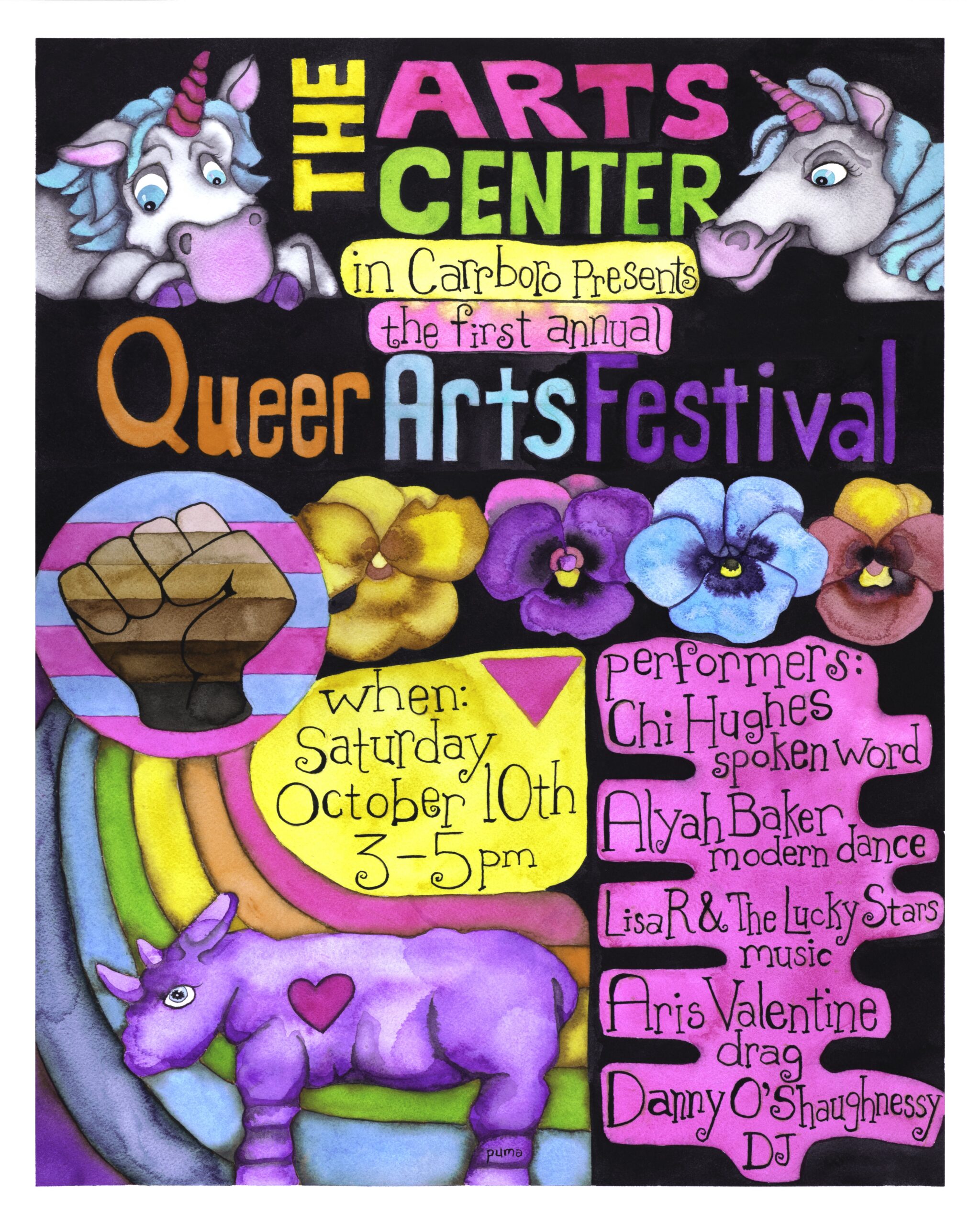 Colorful poster for the Queer Arts Festival with unicorns, flowers, a raised fist, and festival details in bright text.