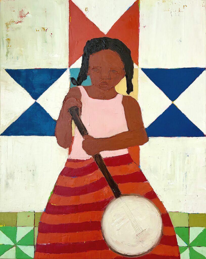 A girl in a striped red skirt holds a banjo, standing before a geometric, star-patterned background.