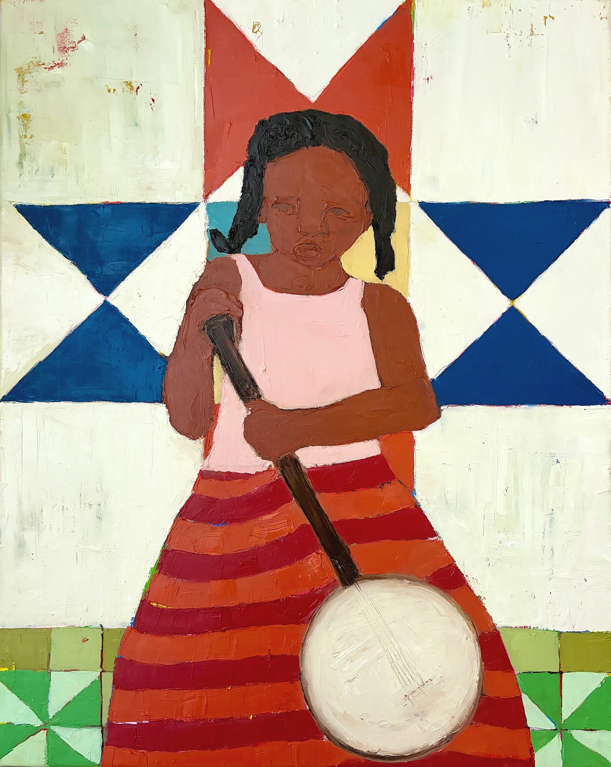A girl in a striped red skirt holds a banjo, standing before a geometric, star-patterned background.