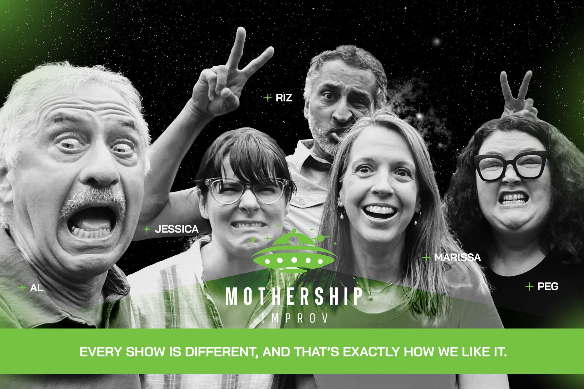 Five people making silly faces in front of a starry background, with Mothership Improv and their names labeled.