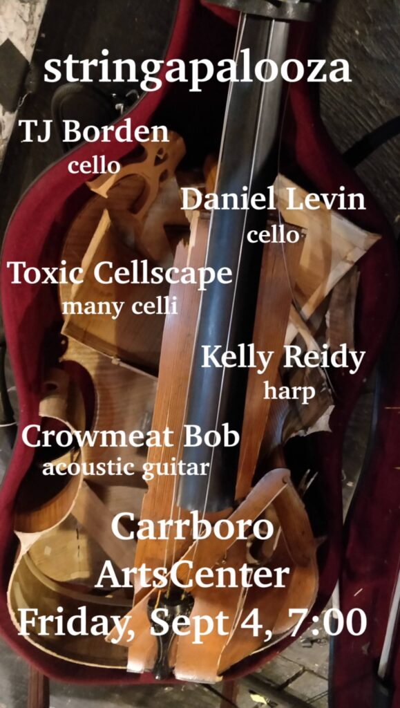 Two cellos in a red case with event text listing performers, date, time, and location for stringapalooza at Carrboro ArtsCenter.