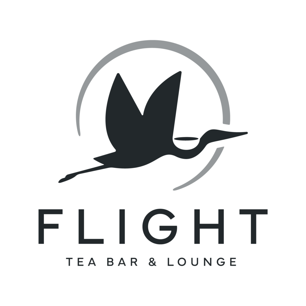 Logo of a flying bird inside a partial circle above the text FLIGHT TEA BAR & LOUNGE on a white background.