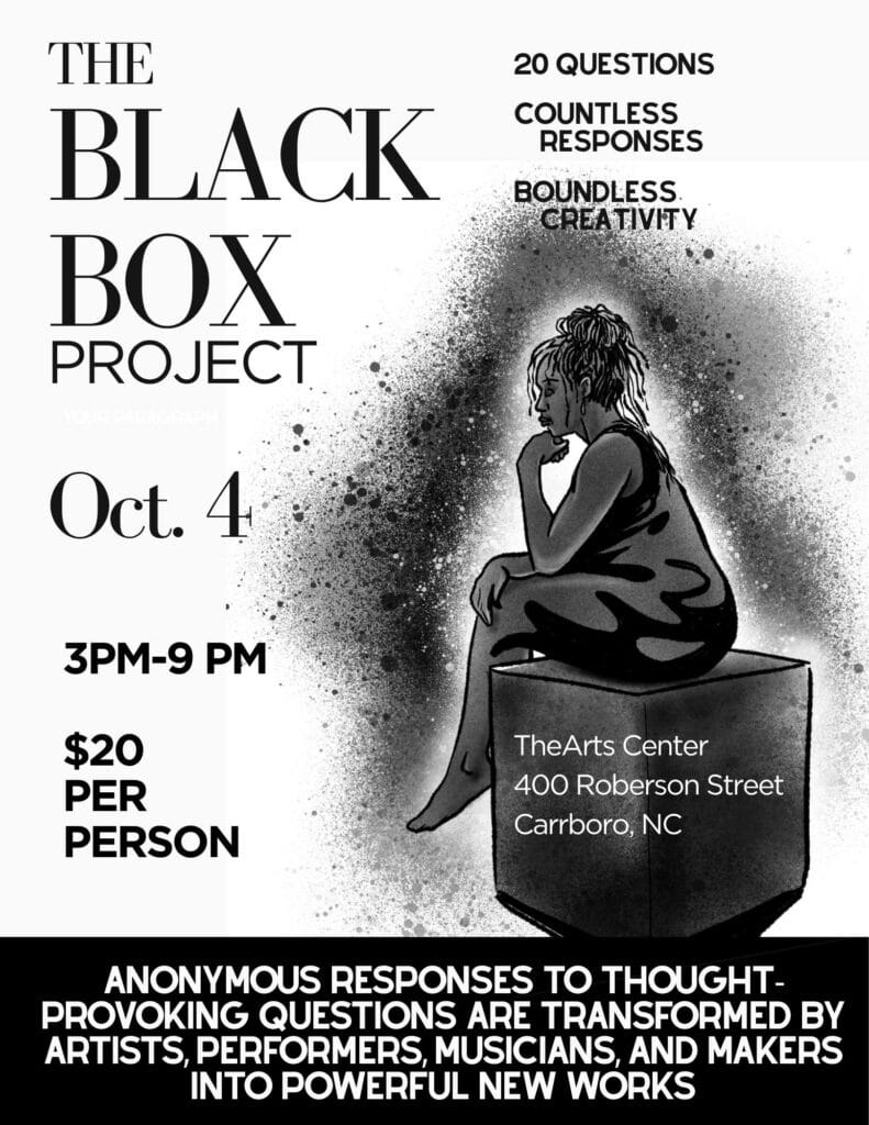 A grayscale poster for The Black Box Project with event details and an illustration of a seated person.
