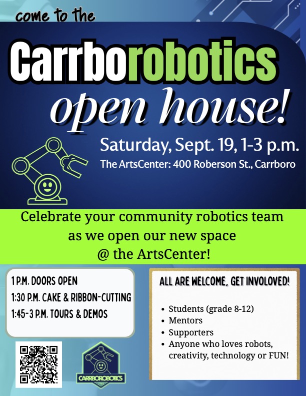 Carrborobotics open house flyer with event details, robot graphic, and invitation for students and families to join or volunteer.