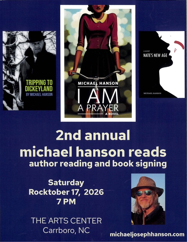 Poster for 2nd annual michael hanson reads with book covers and event details for an author reading and book signing.