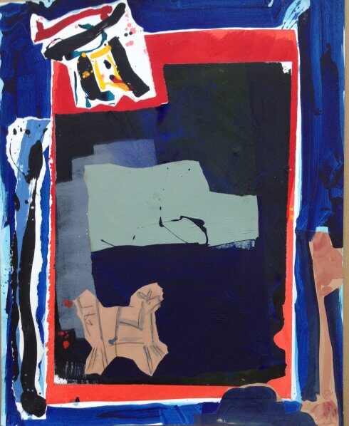 Abstract painting with bold blue, red, and black shapes, and layered patches of beige and white, framed by expressive brushstrokes.