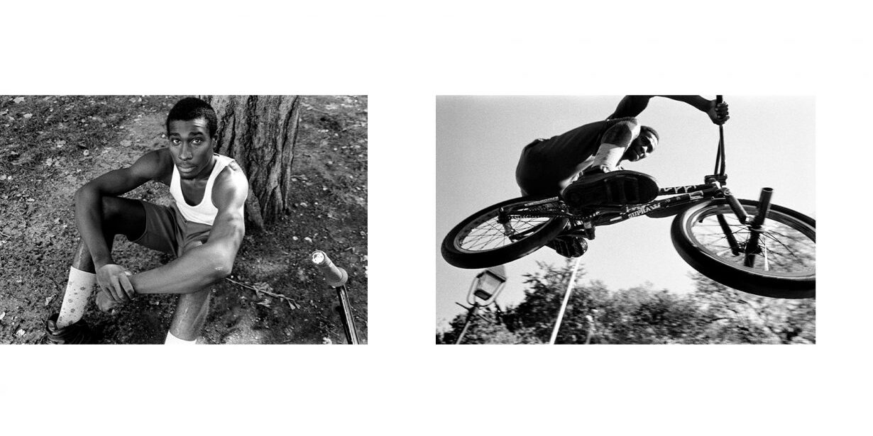 Black and white images of a man sitting by a tree and performing a trick on a BMX bike, with the text Darien to the side.